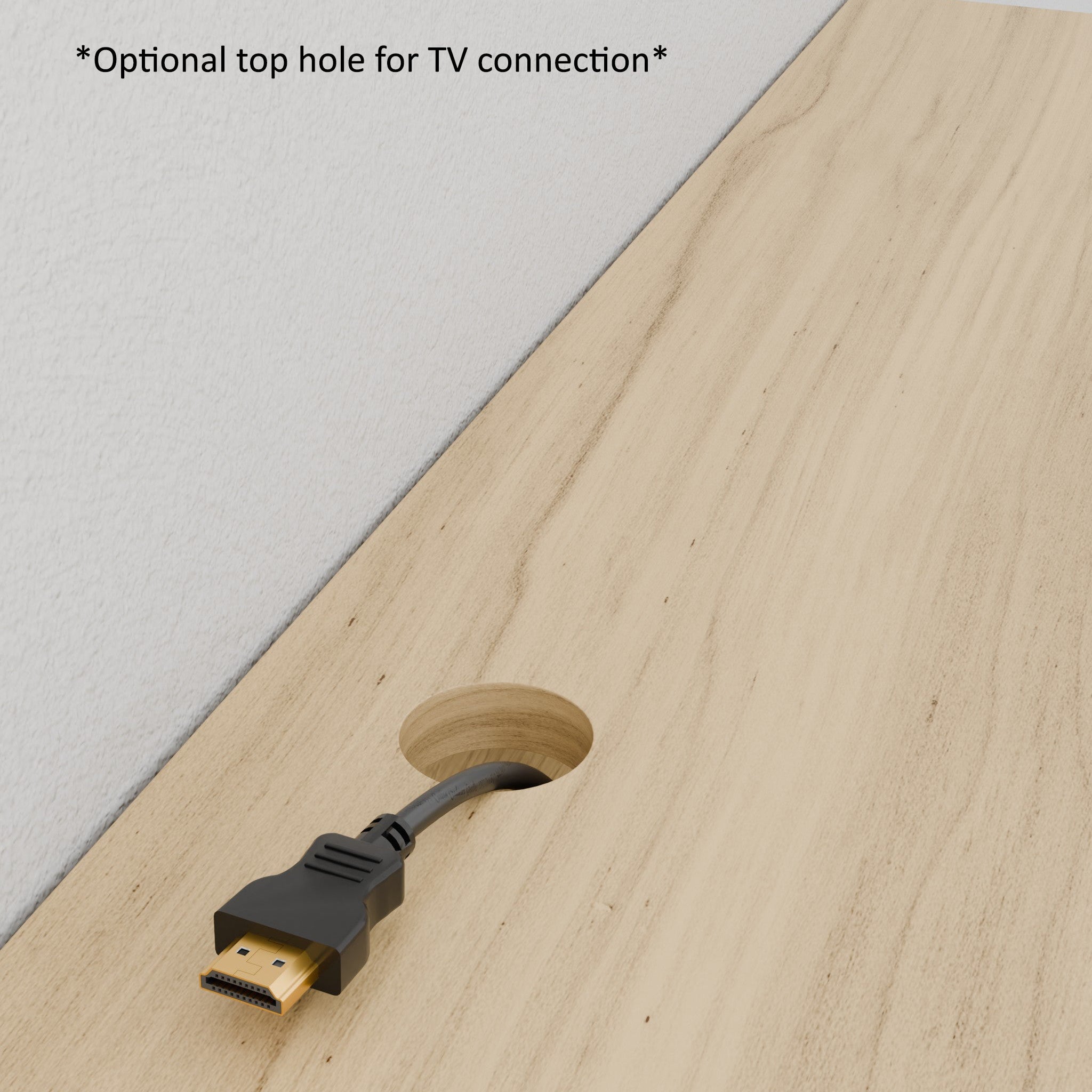 A person installs the Krovel Hardwood Media Console, featuring an optional top hole for TV connection wiring—ideal for managing cables in your media room furniture.