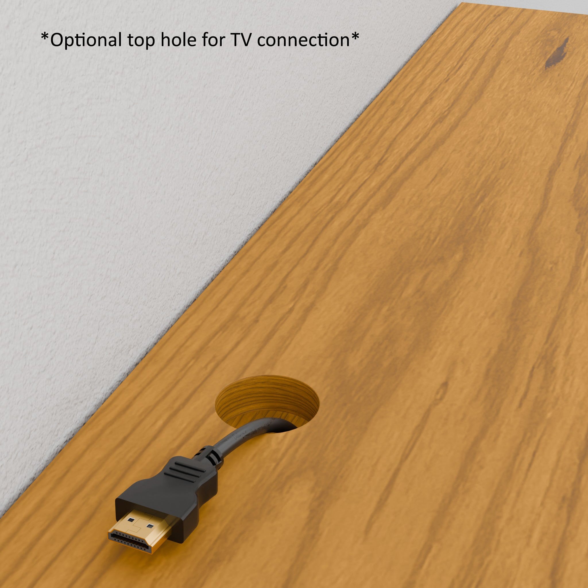 A person holds the Krovel Hardwood Media Console, featuring a French cleat on the top, and aligns it with a wall-mounted cleat for easy, secure hanging—ideal as stylish media room furniture.