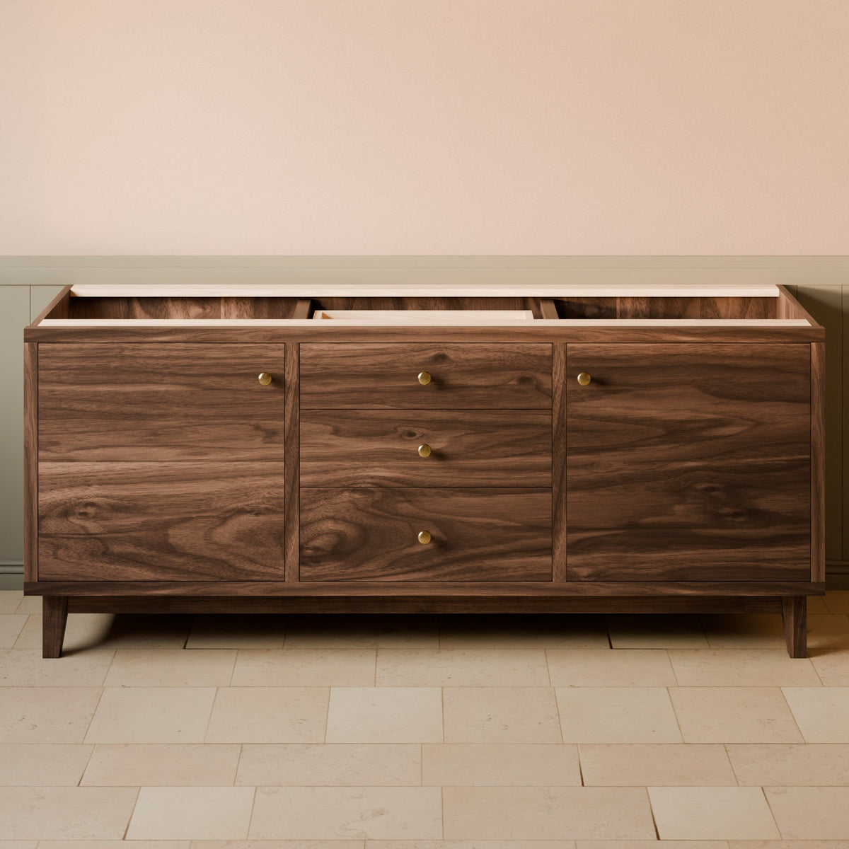 Double Sink, Triple Drawer Vanity in Walnut