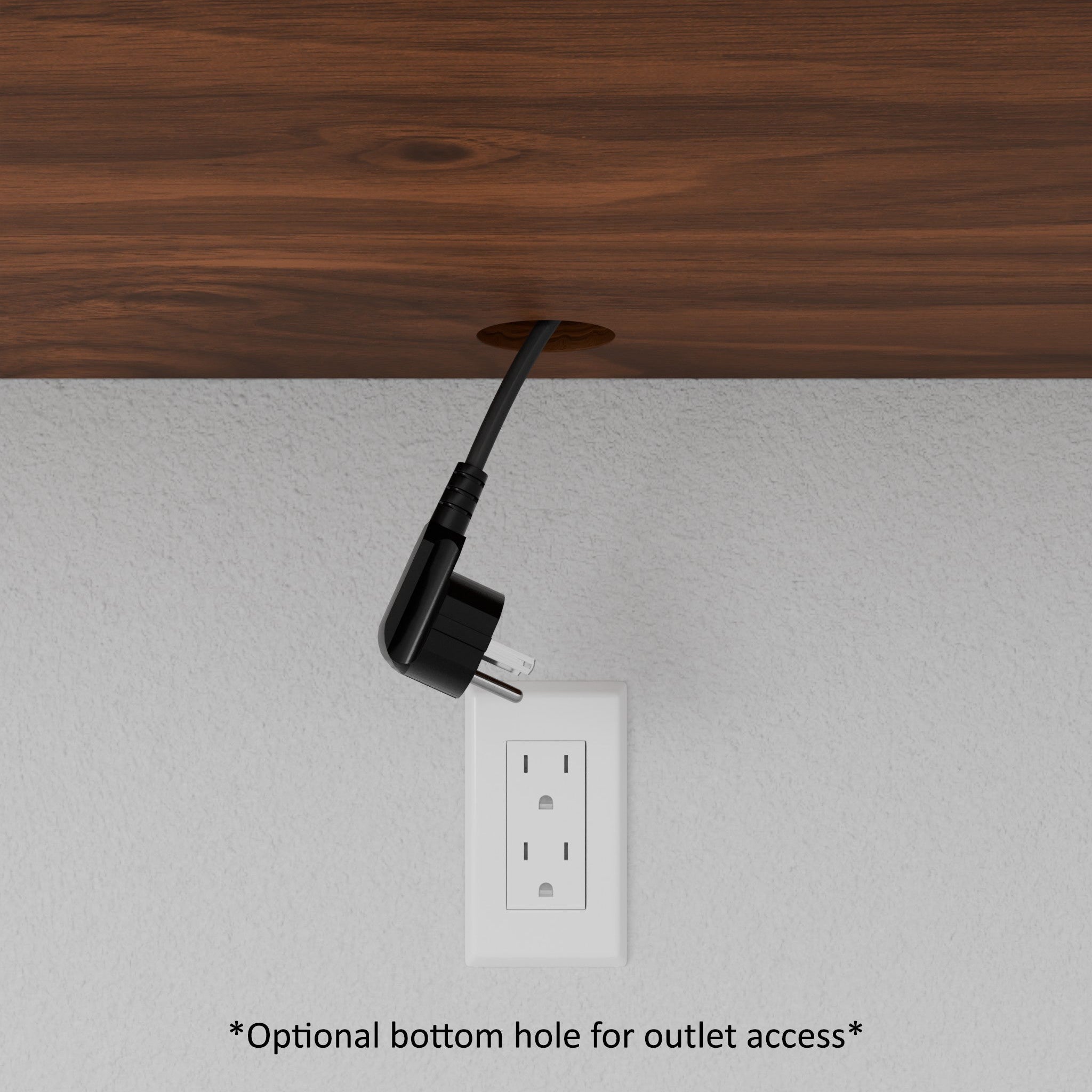 A close-up shows a Krovel Hardwood Media Console being mounted on a blue wall, featuring an optional bottom hole for outlet wiring—perfect as media room furniture. A person's arm is partly visible. Text: Optional bottom hole for outlet access.