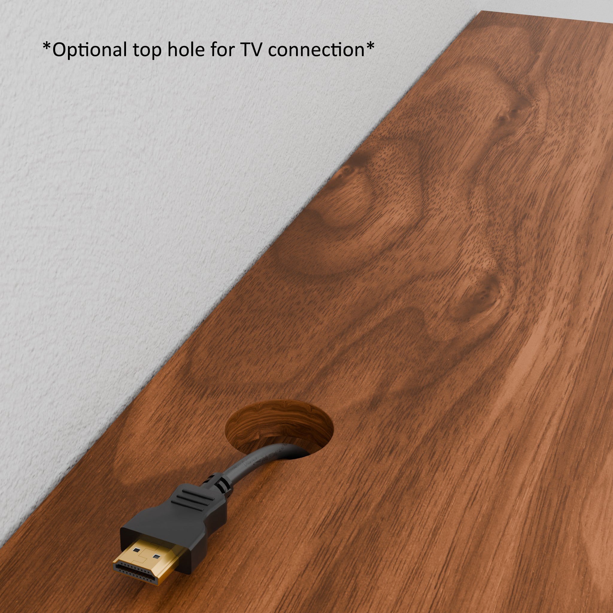 A close-up shows a Krovel Hardwood Media Console being mounted on a blue wall, featuring an optional top hole for TV connection—perfect as media room furniture. A person's arm is partly visible. Text: Optional Top hole for TV connection.