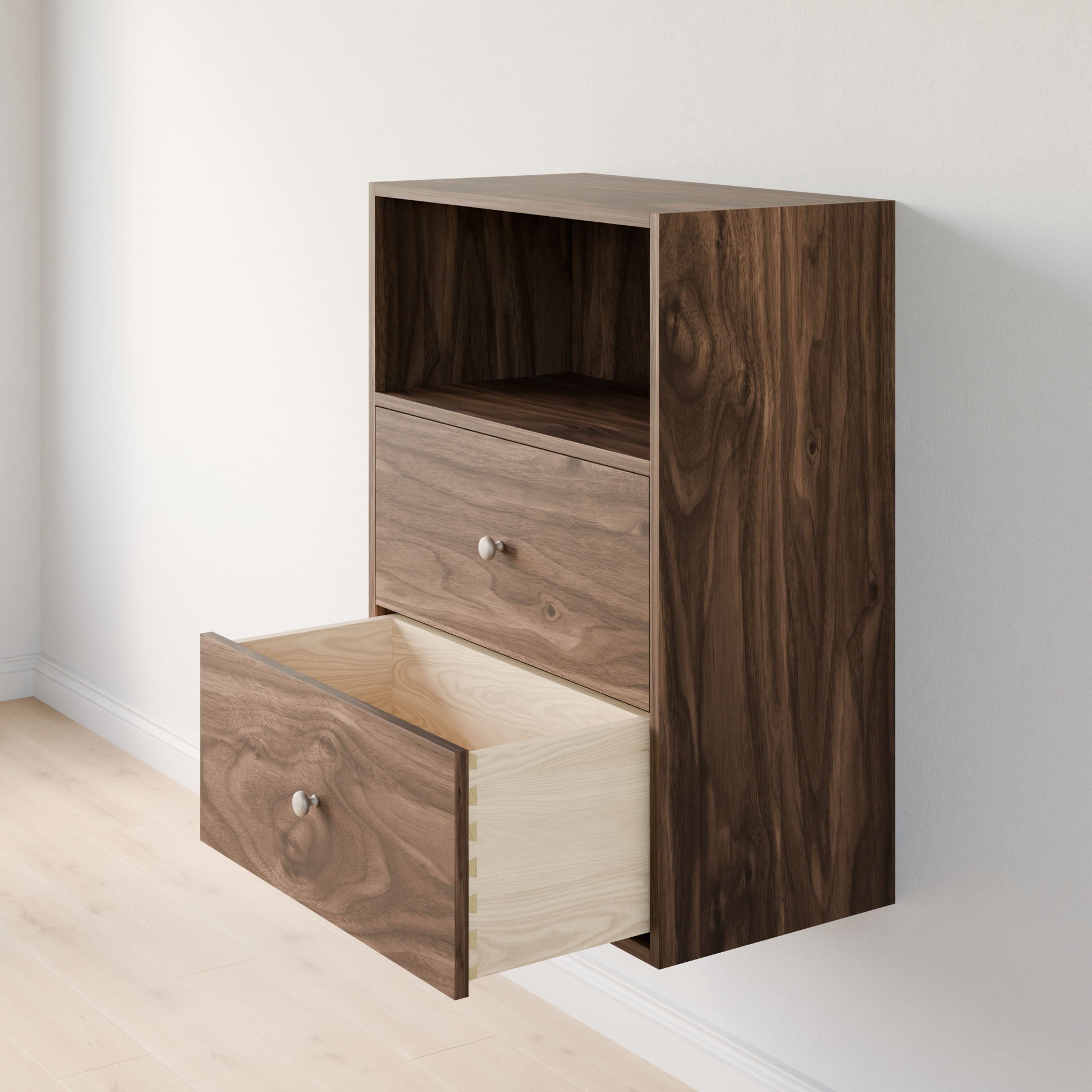 The Maine Made Closet Drawers by Krovel Furniture Co. is a wall-mounted wooden cabinet crafted from premium cabinet plywood, featuring two drawers (one open, showing a light interior) and an open shelf—ideal for closet organization.