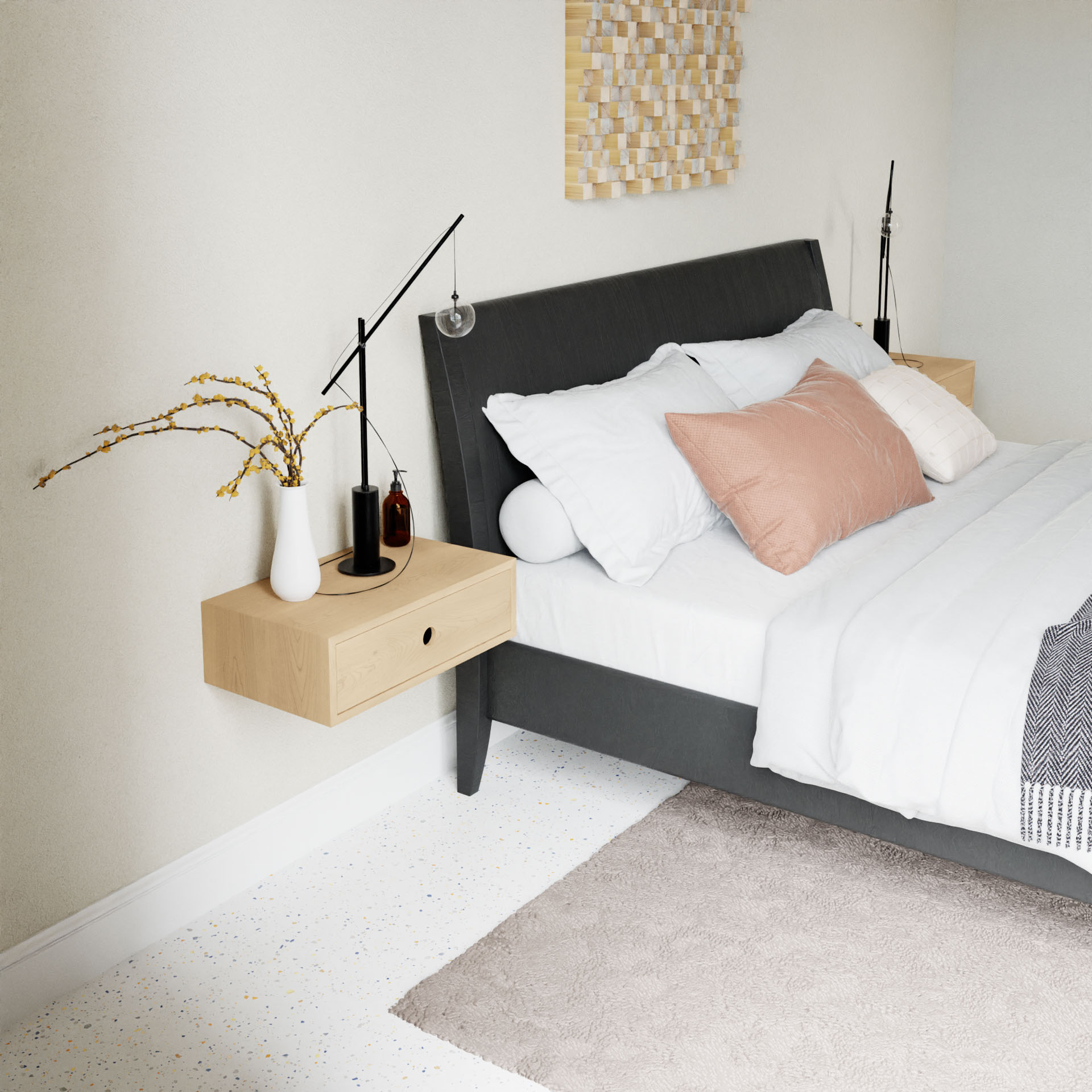 Modern bedroom with a dark gray bed frame, white bedding, pink accent pillow, floating wooden nightstands, minimalist decor, and a neutral rug on a white speckled floor.