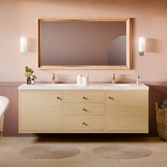 Floating Double Sink, Triple Drawer Vanity in Maple