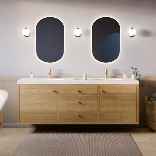 Floating Double Sink, Triple Drawer Vanity in White Oak