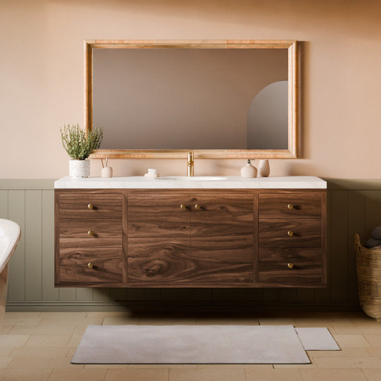 Floating Double Door, Six Drawer Vanity in Walnut