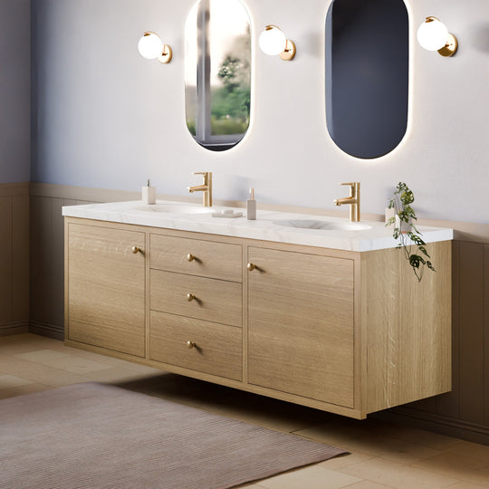 Floating Double Sink, Triple Drawer Vanity in White Oak