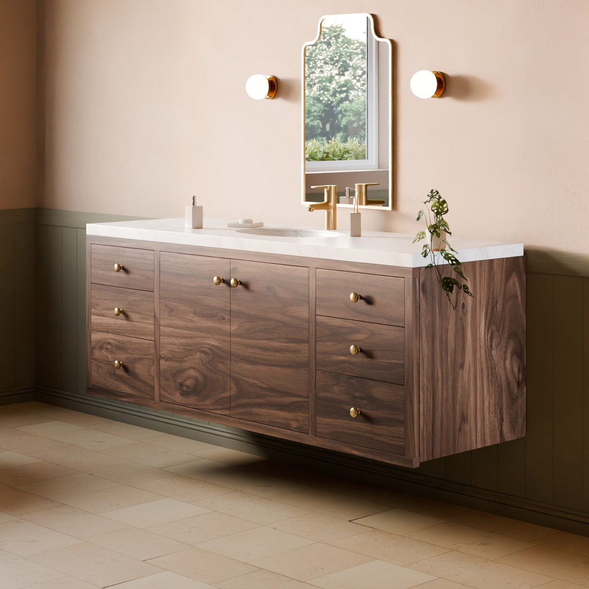 A floating bathroom vanity with a dark wood cabinet, white countertop, and gold faucet, shown in a styled bathroom setting with a mirror, wall sconces, and tiled floor.