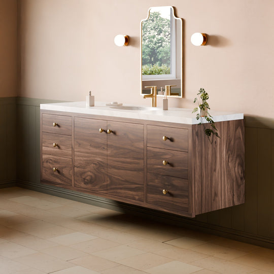 Floating Double Door, Six Drawer Vanity in Walnut