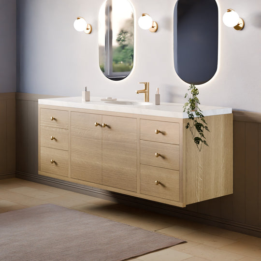 Floating Double Door, Six Drawer Vanity in White Oak