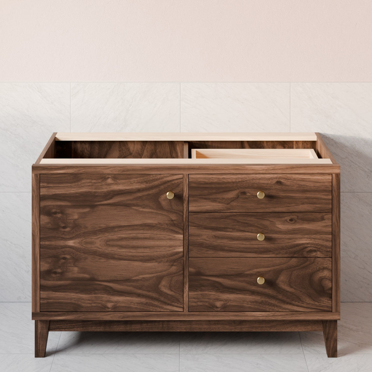 A mid-century modern wooden cabinet with a dark walnut finish, featuring a double-door section on the left and three drawers on the right, each with round brass pulls. The cabinet has a light wood top and is shown open, revealing a shelf inside.