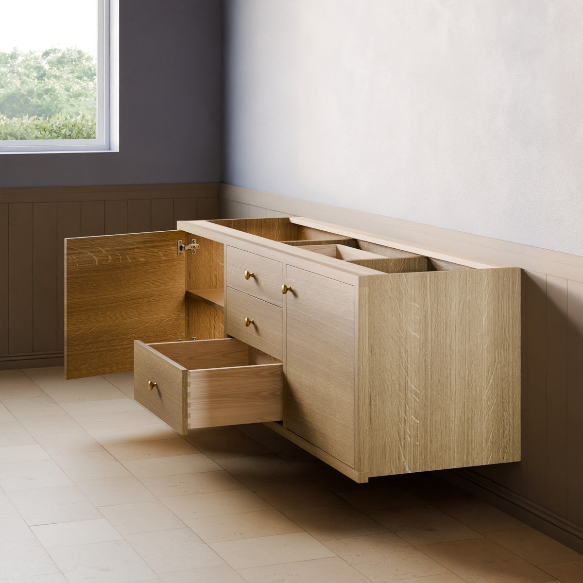 A light oak wood wall-mounted storage cabinet with one open drawer pulled out and one cabinet door swung open, showing storage compartments inside. The cabinet is mounted on a light gray wall above a beige tiled floor, with dark wood wainscoting on the lower half and a window on the left.