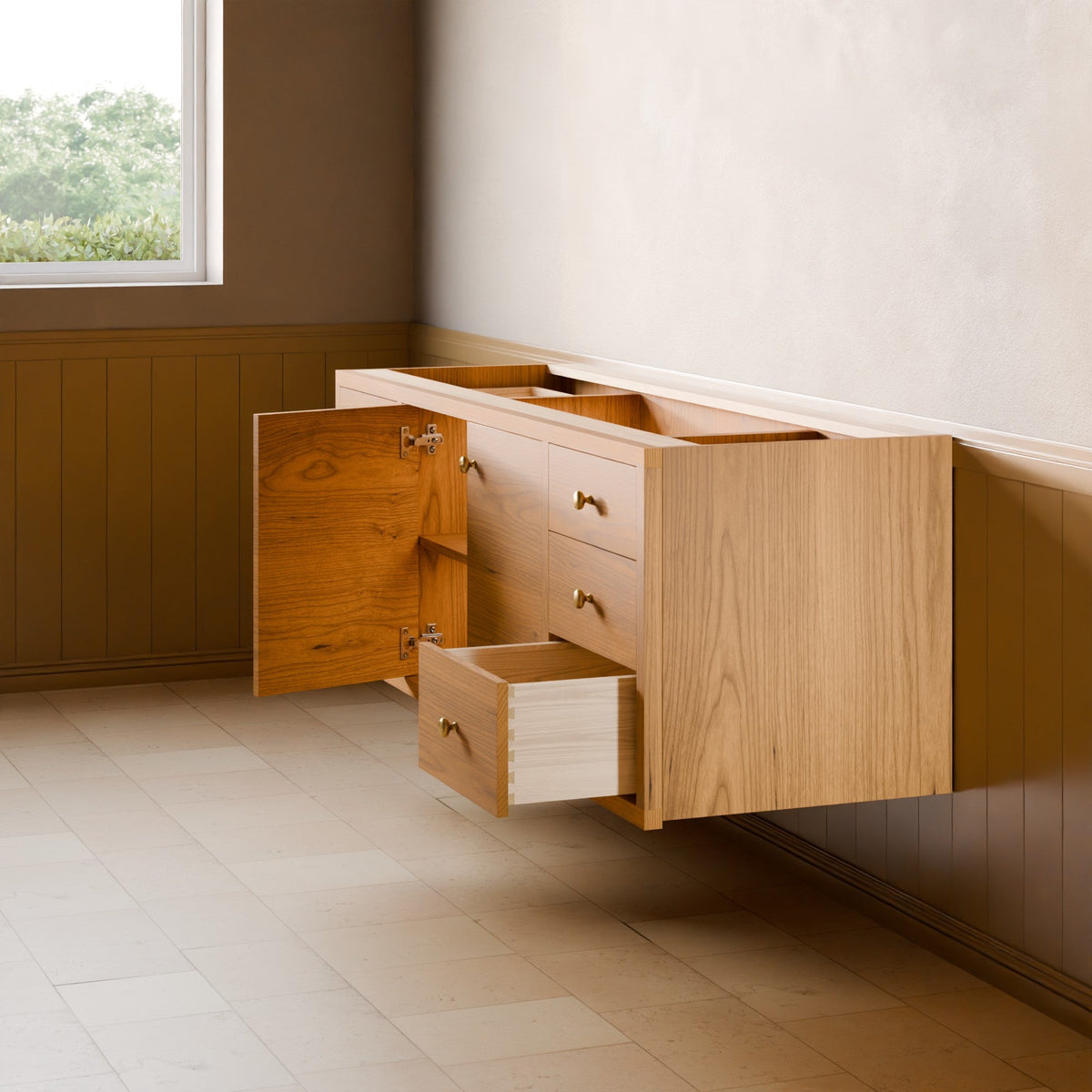 A wall-mounted wooden vanity cabinet with open drawers and a cabinet door, shown installed against a beige wall in a room with wood paneling and tiled flooring.