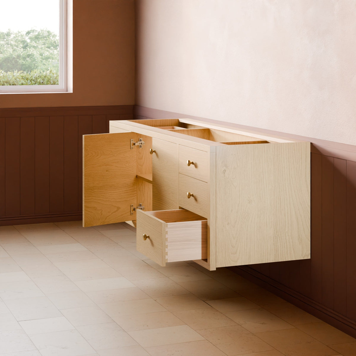A light natural wood wall-mounted vanity cabinet with open drawers and a cabinet door, shown installed against an interior wall in a room with wood paneling and tiled flooring.