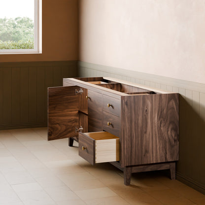 A dark walnut wood sideboard or credenza with multiple drawers and an open cabinet door, shown in a styled room setting with beige walls, wood paneling, and a window.