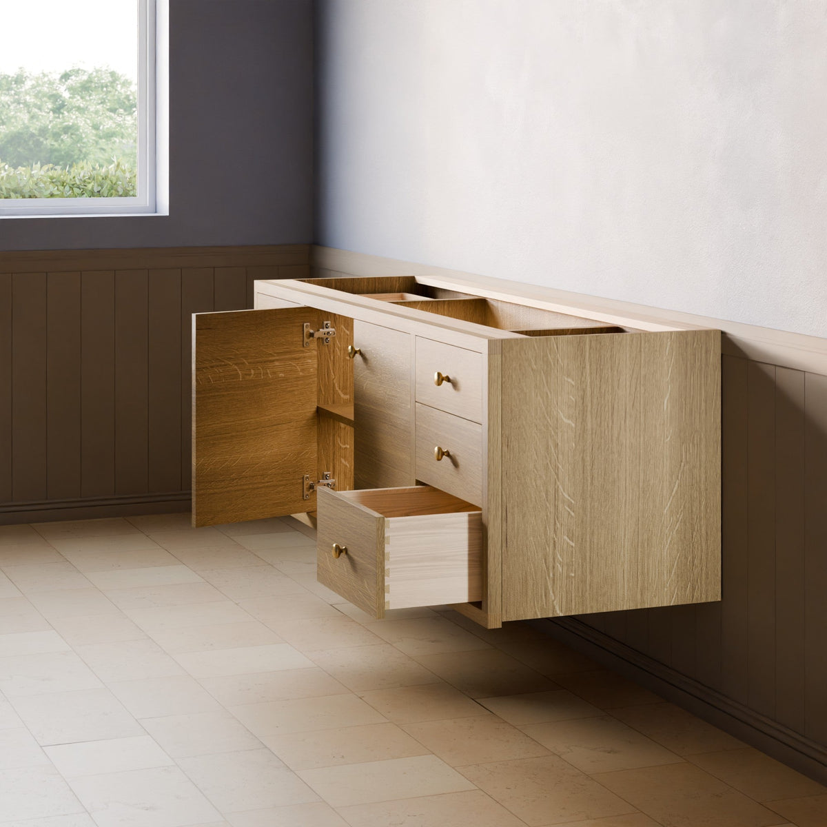 A floating wooden vanity cabinet with a light oak finish, featuring an open side cabinet door, two closed drawers, and one open drawer pulled out, set against a modern room with a tiled floor and paneled wall.