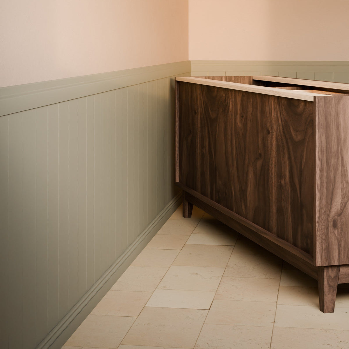 A dark wood cabinet or sideboard shown in a real interior corner with beige tile flooring, pale walls, and wainscoting.