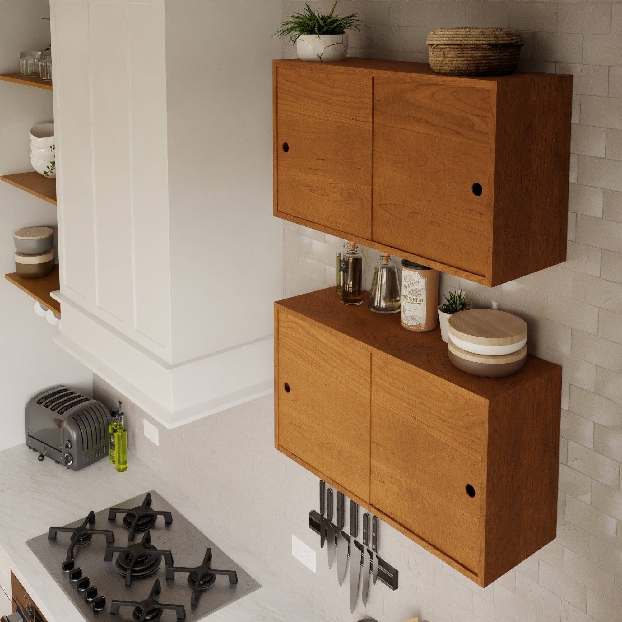 A modern kitchen features the Krovel Hardwood Cupboard Shelf, a gas stove, toaster, oil bottle, wall-mounted knife rack, and potted plants. White tile backsplash and white countertops complete the clean, organized look.