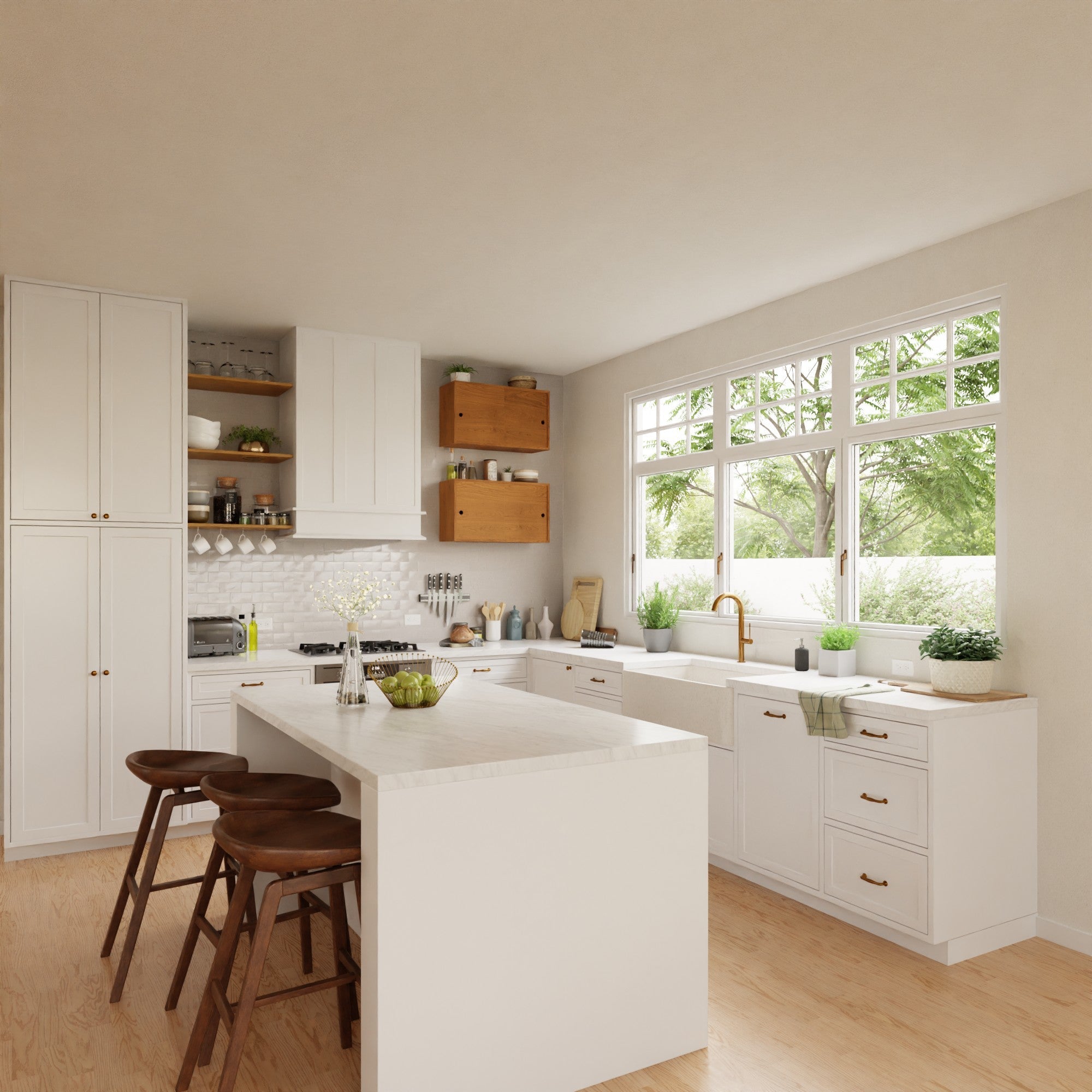 A modern kitchen with Krovel Hardwood Cupboard Shelves, white cabinets, a marble countertop island with three wooden stools, potted plants, and large windows letting in natural light.