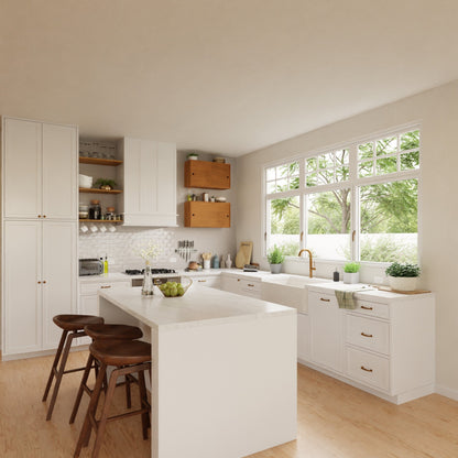 A modern kitchen with Krovel Hardwood Cupboard Shelves, white cabinets, a marble countertop island with three wooden stools, potted plants, and large windows letting in natural light.