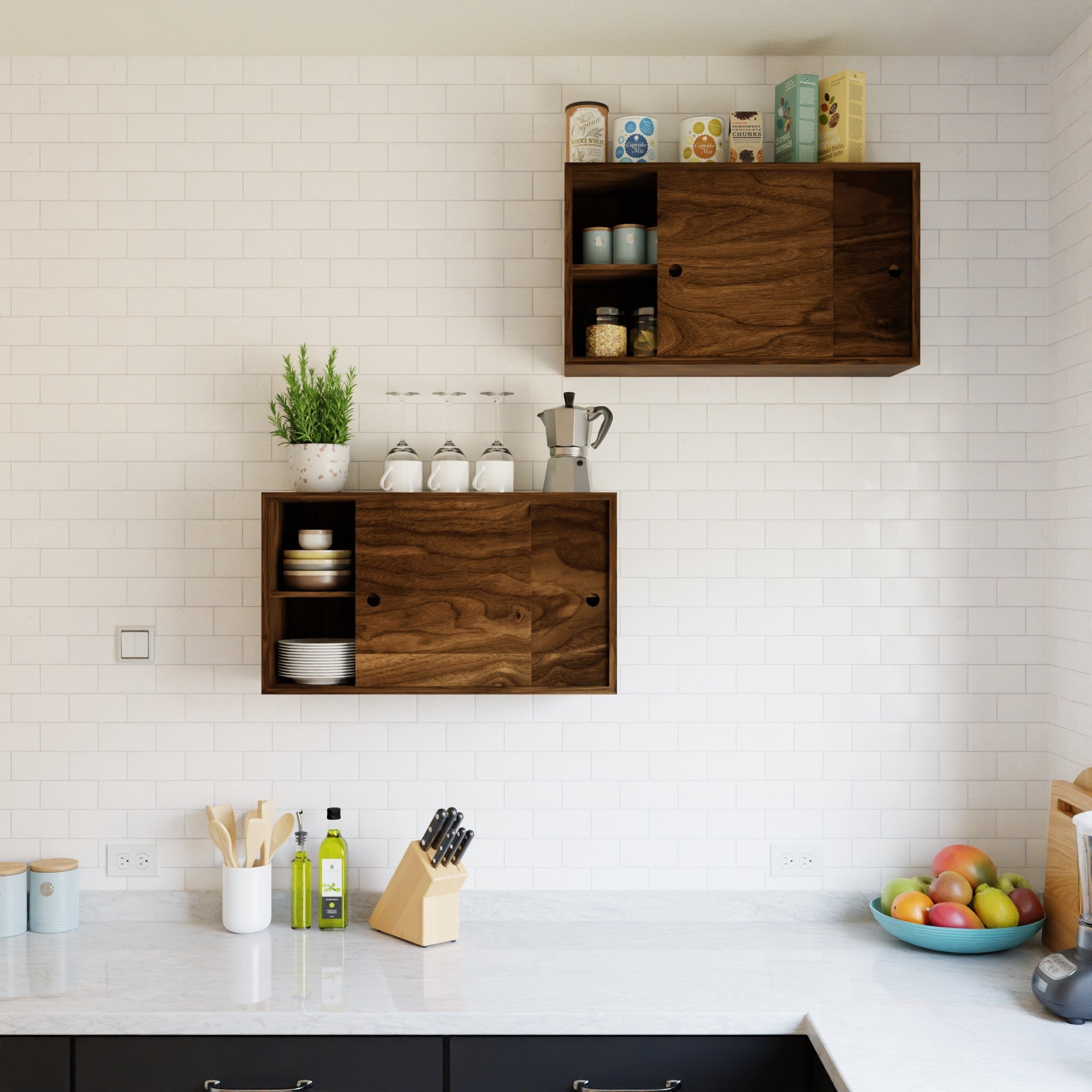 A modern kitchen features Krovel's Hardwood Cupboard Shelf against white tile walls, with a white countertop displaying kitchen items, a knife block, oil bottles, fruit bowl, and a potted plant.