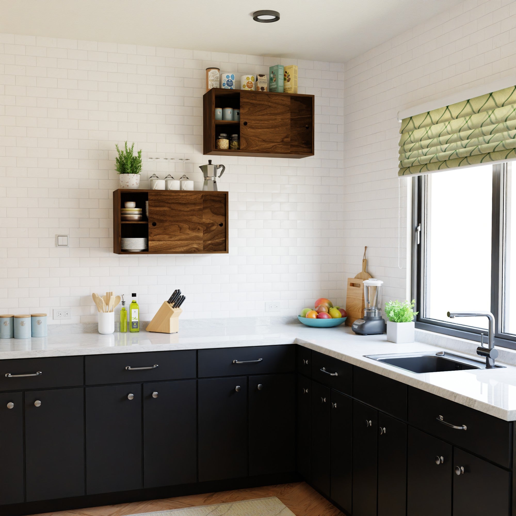 A modern kitchen features black cabinets, white countertops, Krovel Hardwood Cupboard Shelves with plants and jars, utensils, a blender, a fruit bowl, and a window with a green patterned shade.