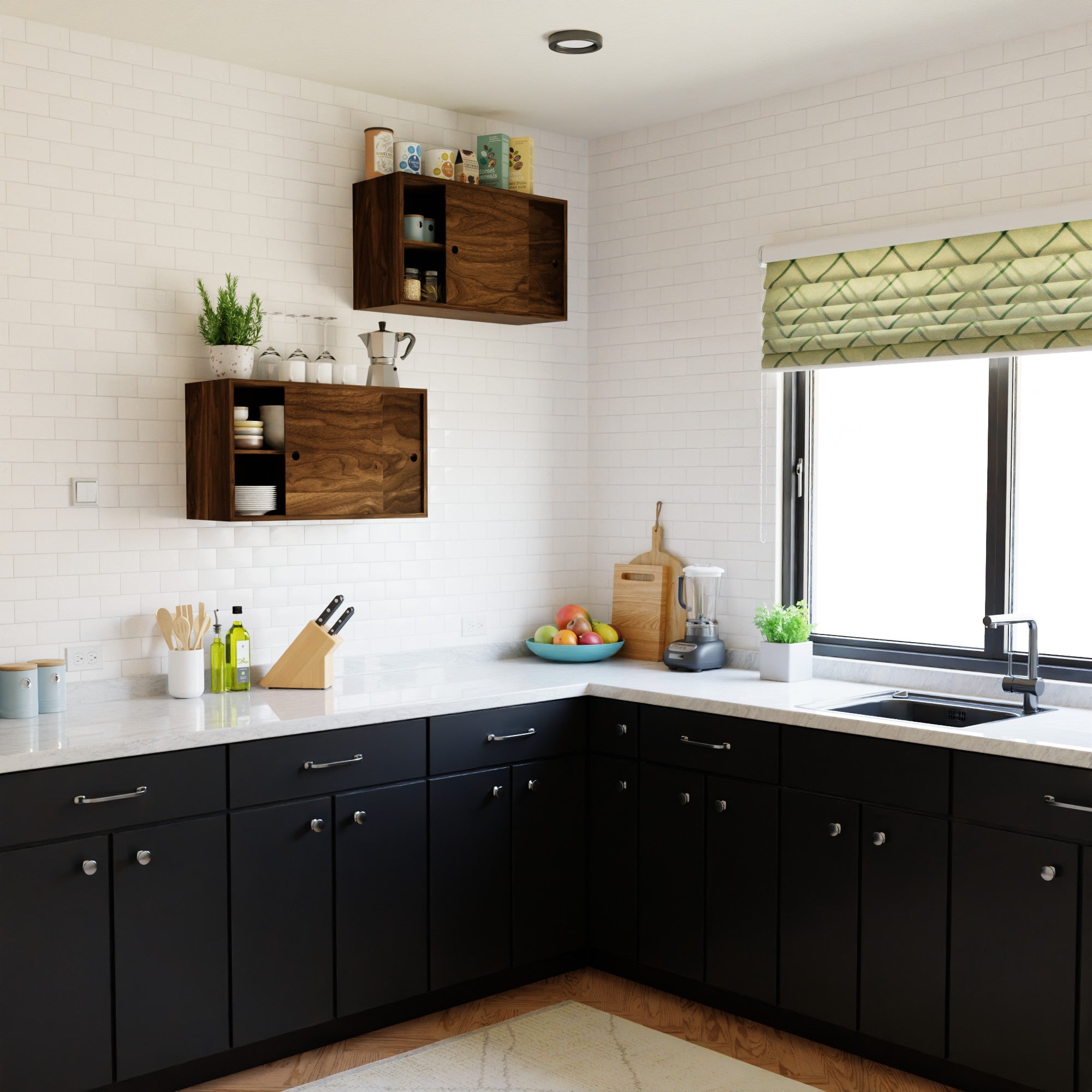 A modern kitchen features black cabinets, white countertops, and subway tile walls. Krovel Hardwood Cupboard Shelves display dishes and decor. A window with a green patterned shade sits above the black sink, bringing in natural light.