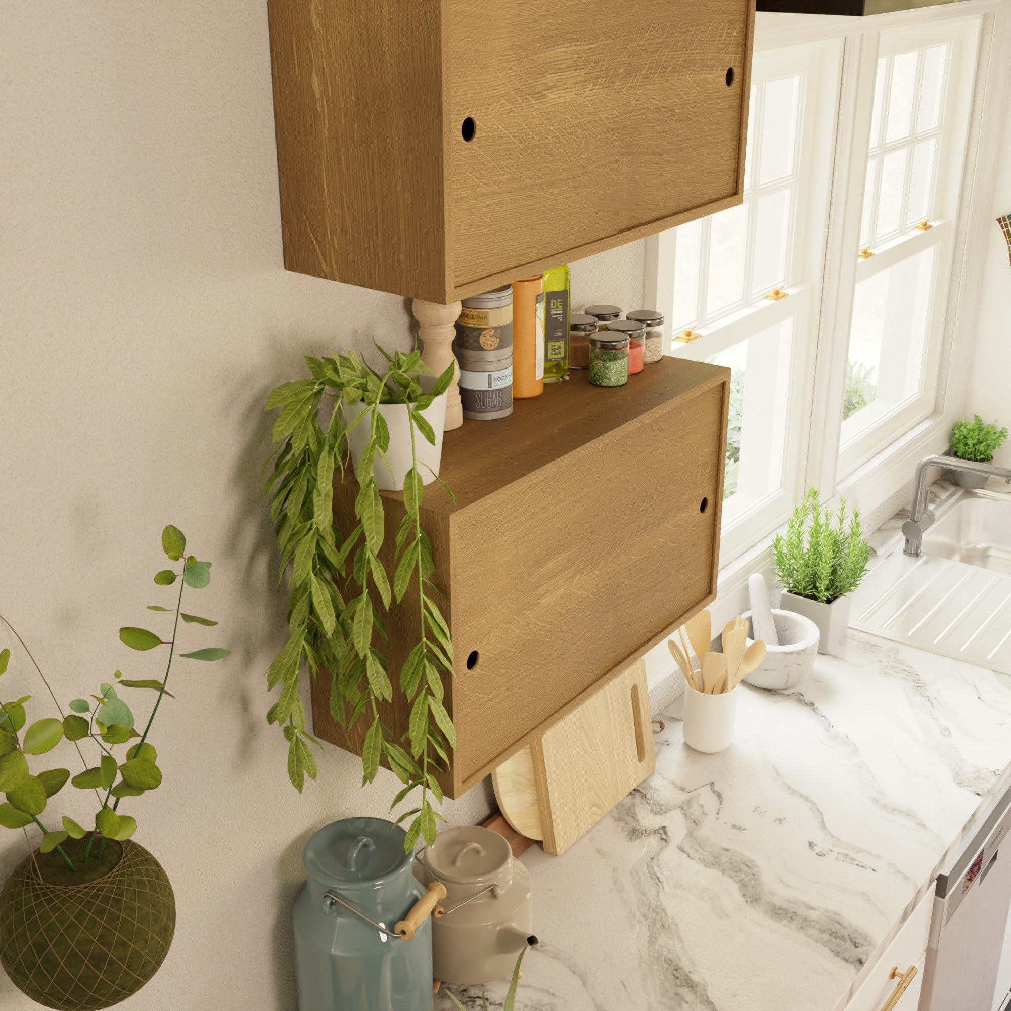 A marble kitchen counter holds utensils, a cutting board, and a teapot. Nearby, the Krovel Hardwood Cupboard Shelf adds warmth alongside potted plants. Sunlight streams in from large windows above the sink.