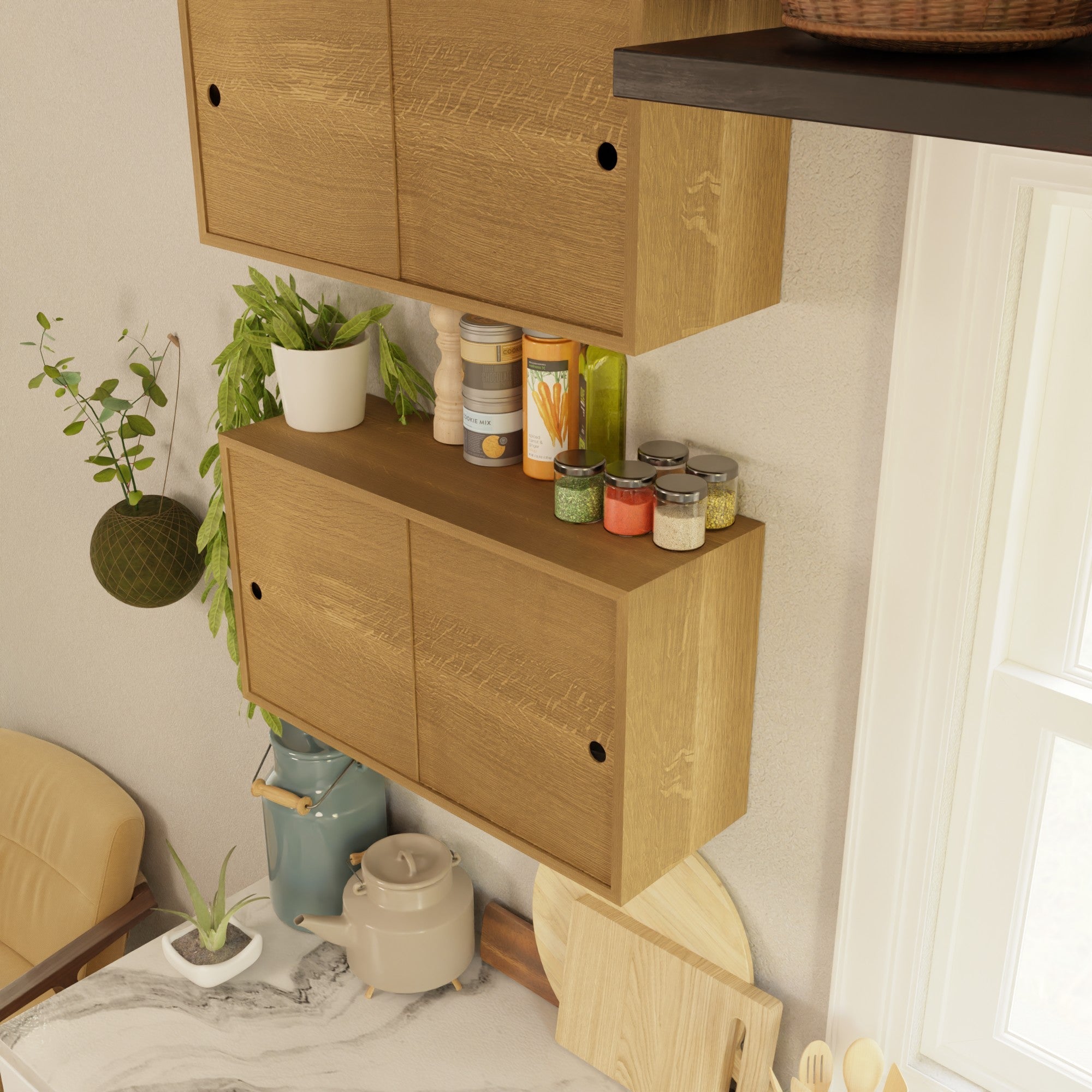 The Krovel Hardwood Cupboard Shelf is wall-mounted above a marble countertop, with jars of spices, plants, a teapot, cutting boards, and kitchen utensils arranged neatly below.