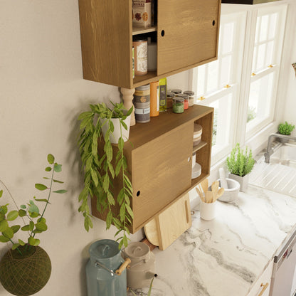 A sunlit kitchen features the Krovel Hardwood Cupboard Shelf, adorned with green potted plants, mugs, cutting boards, and jars on a marble countertop near a sink and window streaming in natural light.