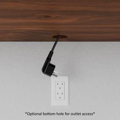 A close-up shows a Krovel Hardwood Media Console being mounted on a blue wall, featuring an optional bottom hole for outlet wiring—perfect as media room furniture. A person's arm is partly visible. Text: Optional bottom hole for outlet access.