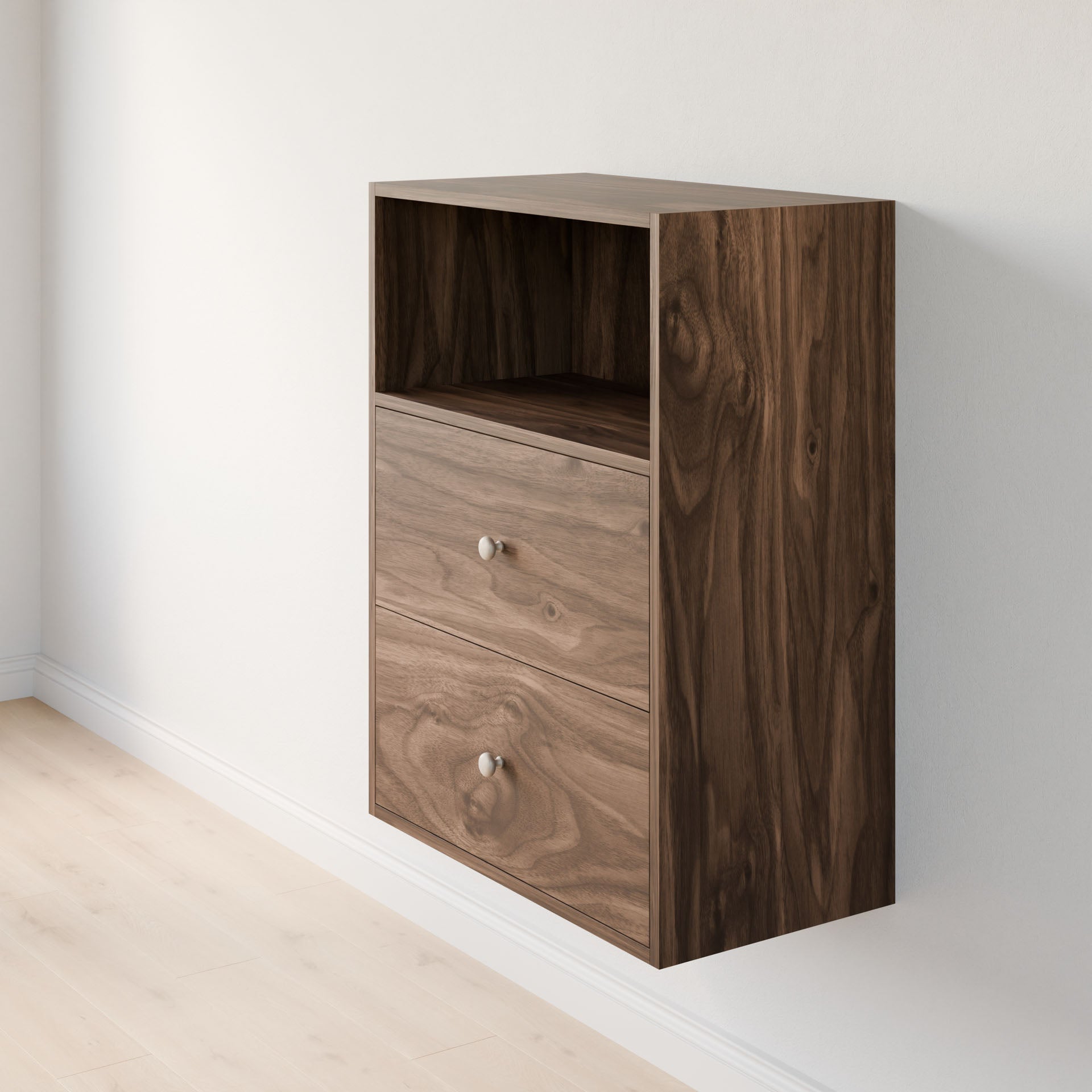 The Maine Made Closet Drawers by Krovel Furniture Co. is a premium plywood, wall-mounted cabinet featuring two drawers, an open shelf, natural wood grain finish, and silver knobs—ideal for organizing closets against white walls and light wood floors.