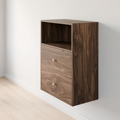 The Maine Made Closet Drawers by Krovel Furniture Co. is a premium plywood, wall-mounted cabinet featuring two drawers, an open shelf, natural wood grain finish, and silver knobs—ideal for organizing closets against white walls and light wood floors.