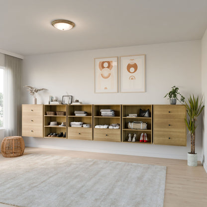 A modern bedroom features Krovel Furniture Co.’s Maine Made Closet Drawers, wall-mounted and modular for organized clothes, shoes, and decor. Two abstract prints hang above; a rug, plants, and soft natural light complete the cozy space.
