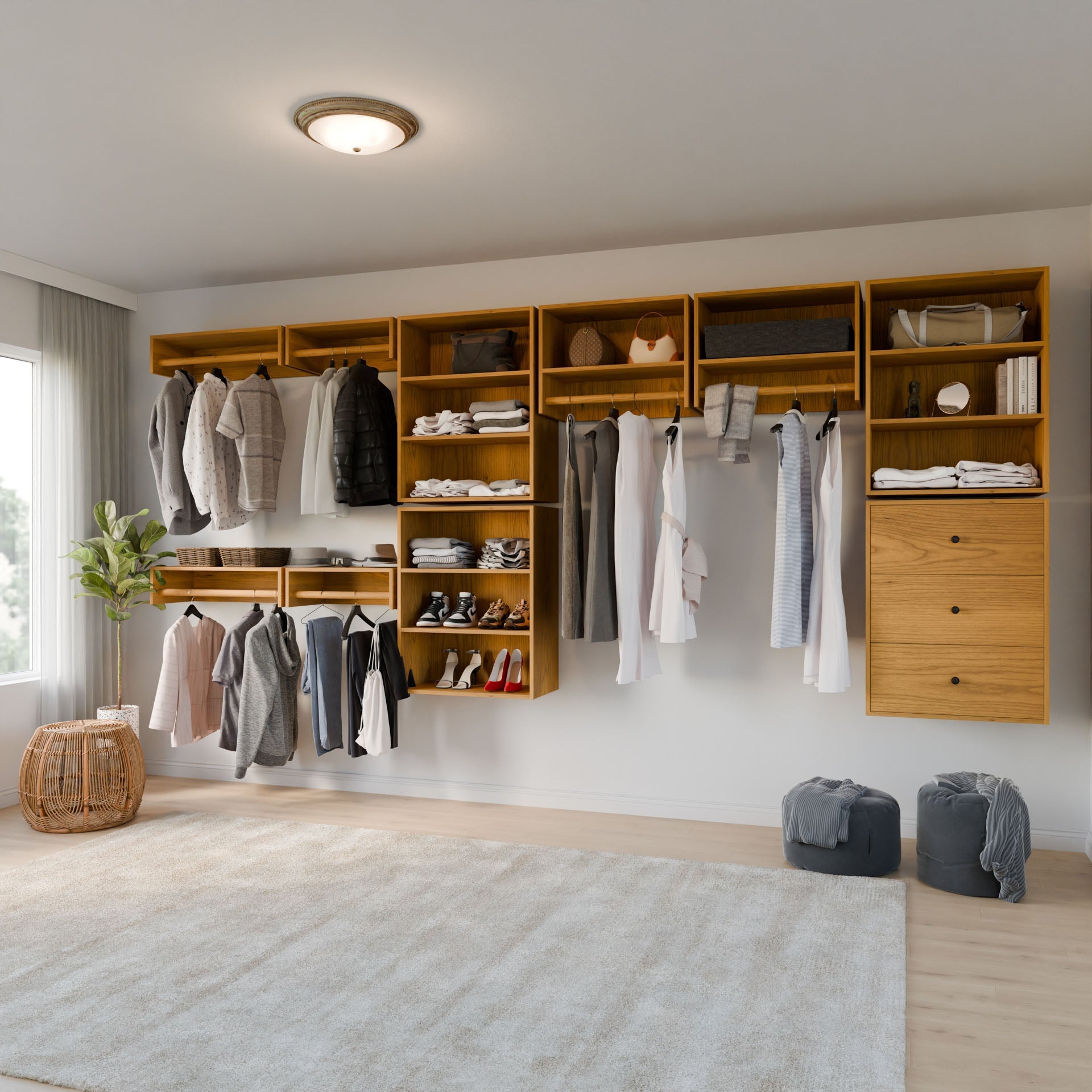 This minimalist space features a spacious modern closet by Krovel Furniture Co., with wooden shelves crafted from premium grade plywood, jackets and shirts on the cherry closet hanger, two baskets on the floor, an overhead light fixture, and a large window with sheer curtains for natural light.