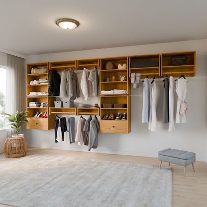 A spacious, modern walk-in closet with light wood shelving from premium plywood features clothes and accessories neatly arranged with the Closet Hanger in Cherry by Krovel Furniture Co. A potted plant on a woven stand and an upholstered stool rest on a large beige area rug.