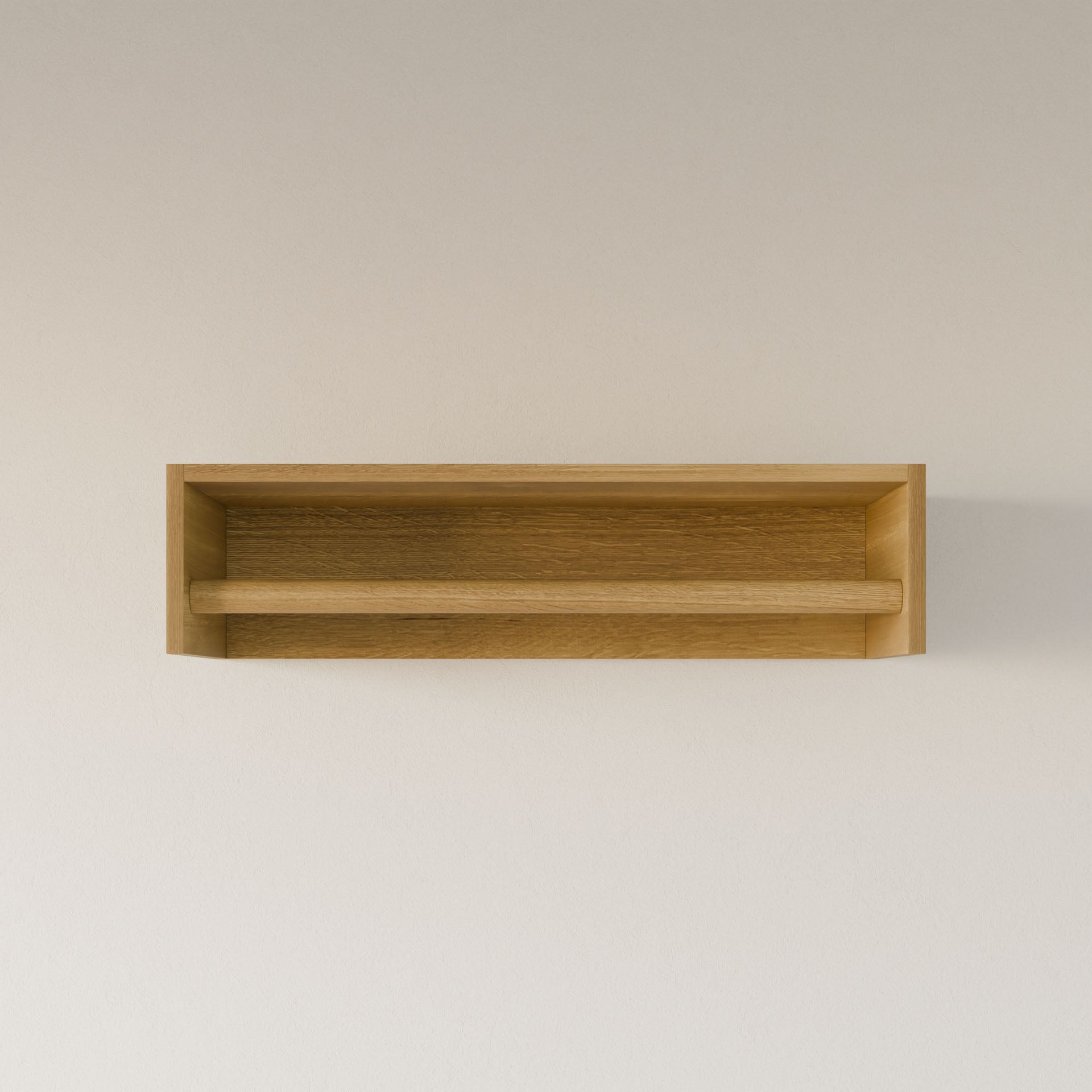 The Krovel Furniture Co. Maine Made Closet Hanger is a rectangular plywood shelf with a front rail and natural finish, handmade in Portland, Maine. Shown empty on a plain light wall.