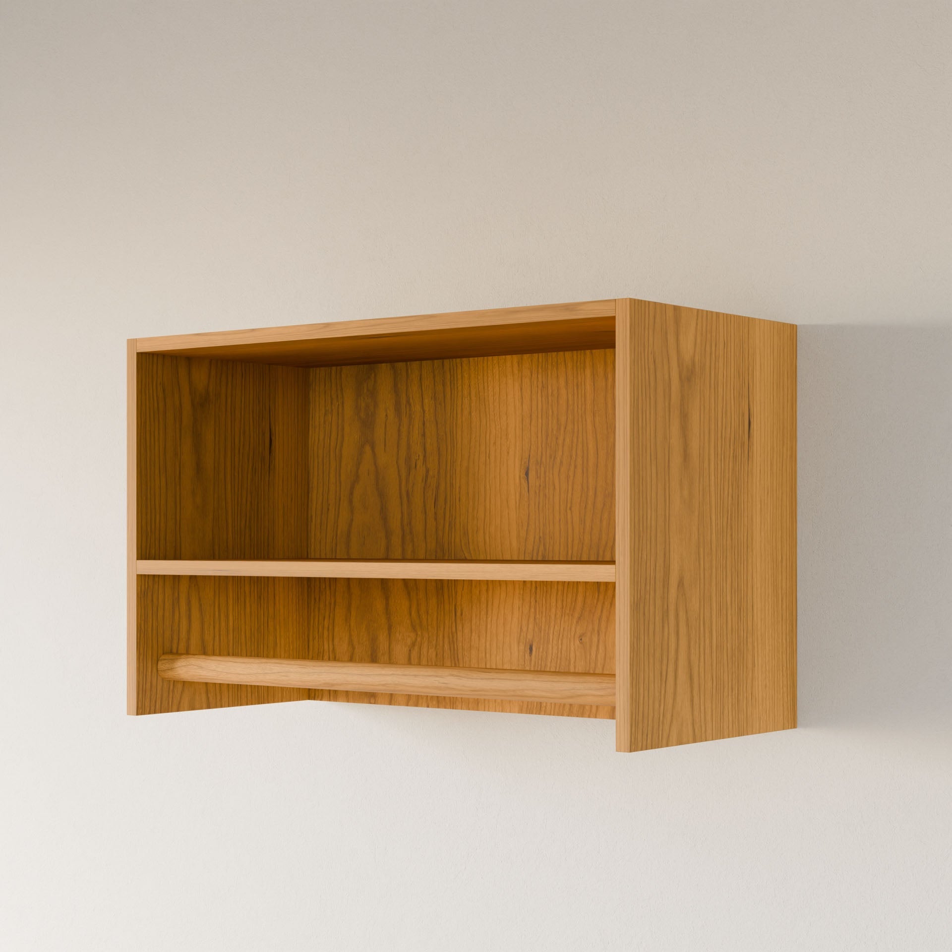 The Maine Made Closet Hanger with Shelf by Krovel Furniture Co. is a handmade wooden, wall-mounted shelf crafted in Portland, Maine from premium cabinet plywood, featuring an open design, horizontal divider, and lower rail.