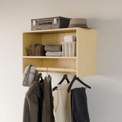 The Krovel Furniture Co. Maine Made Closet Hanger with Shelf features a light wood, wall-mounted design with two compartments for storage and a modular hanger below for jackets, scarves, and pants, all against a light-colored wall.