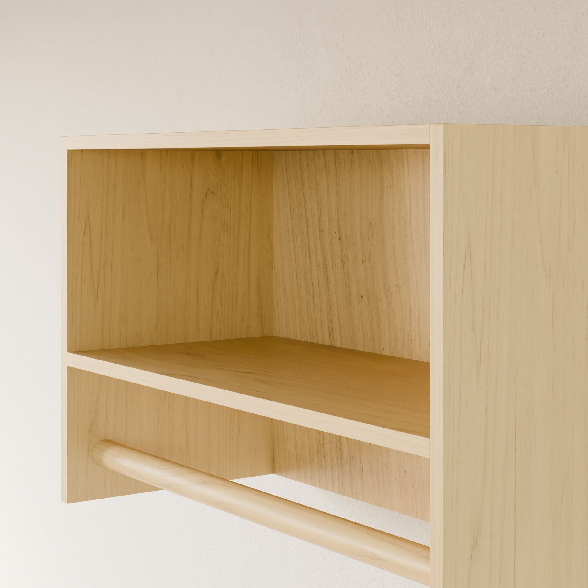 A close-up of the Maine Made Closet Hanger with Shelf by Krovel Furniture Co., crafted in Portland, Maine from premium cabinet plywood, featuring an open shelf and rod, mounted on a light-colored wall.
