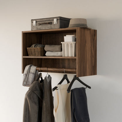 The Krovel Furniture Co. Maine Made Closet Hanger with Shelf is a premium plywood, wall-mounted organizer from Portland, Maine, with compartments for a suitcase, hat, baskets, and a modular hanger for coats and clothing.