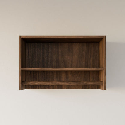 The Maine Made Closet Hanger with Shelf by Krovel Furniture Co. is a wall-mounted unit crafted from premium cabinet plywood in a dark brown finish, handmade in Portland, Maine, featuring a central shelf dividing two storage sections.