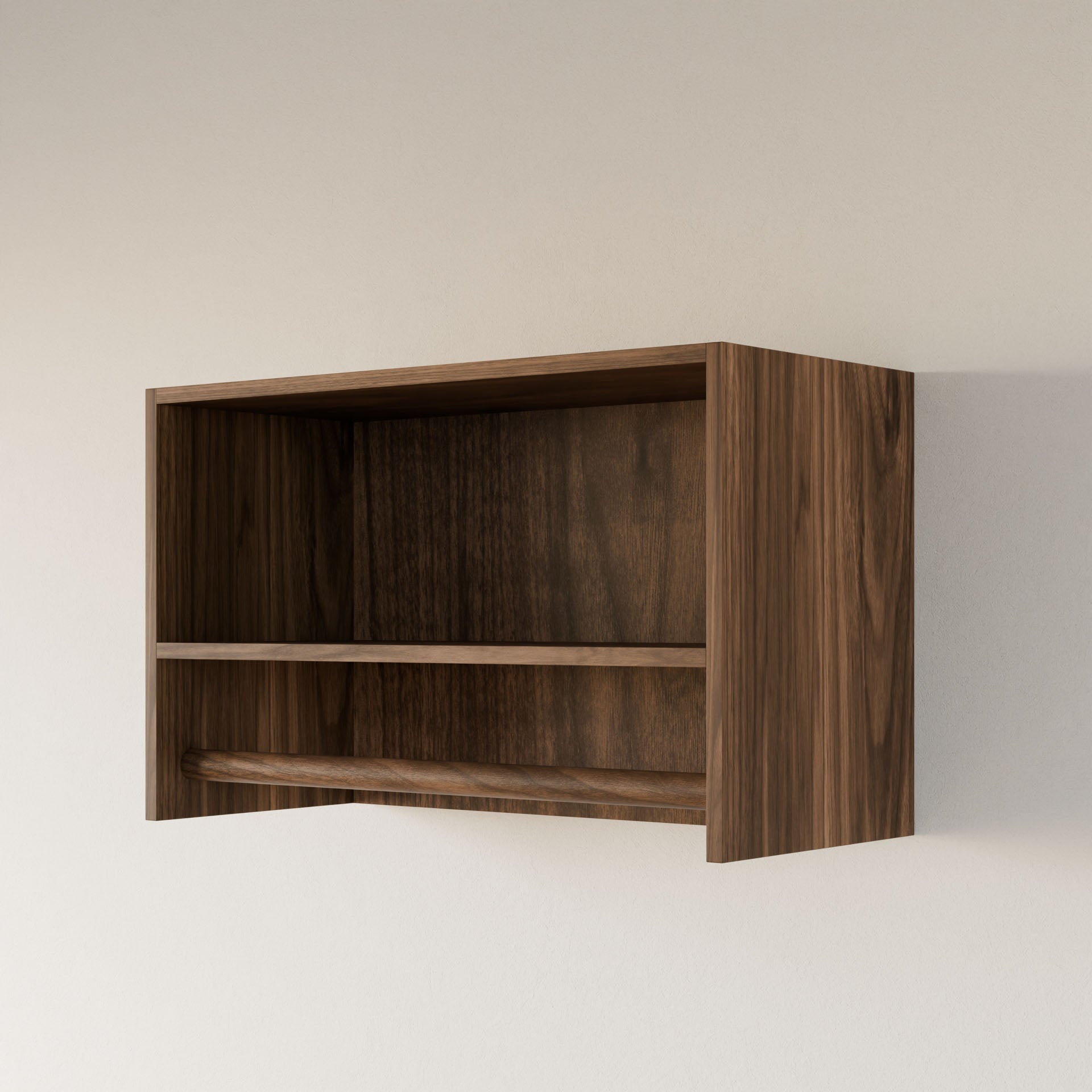 The Maine Made Closet Hanger with Shelf by Krovel Furniture Co. is a simple, modern wall-mounted unit with two open compartments, handmade in Portland, Maine from premium cabinet plywood and shown on a light-colored wall.