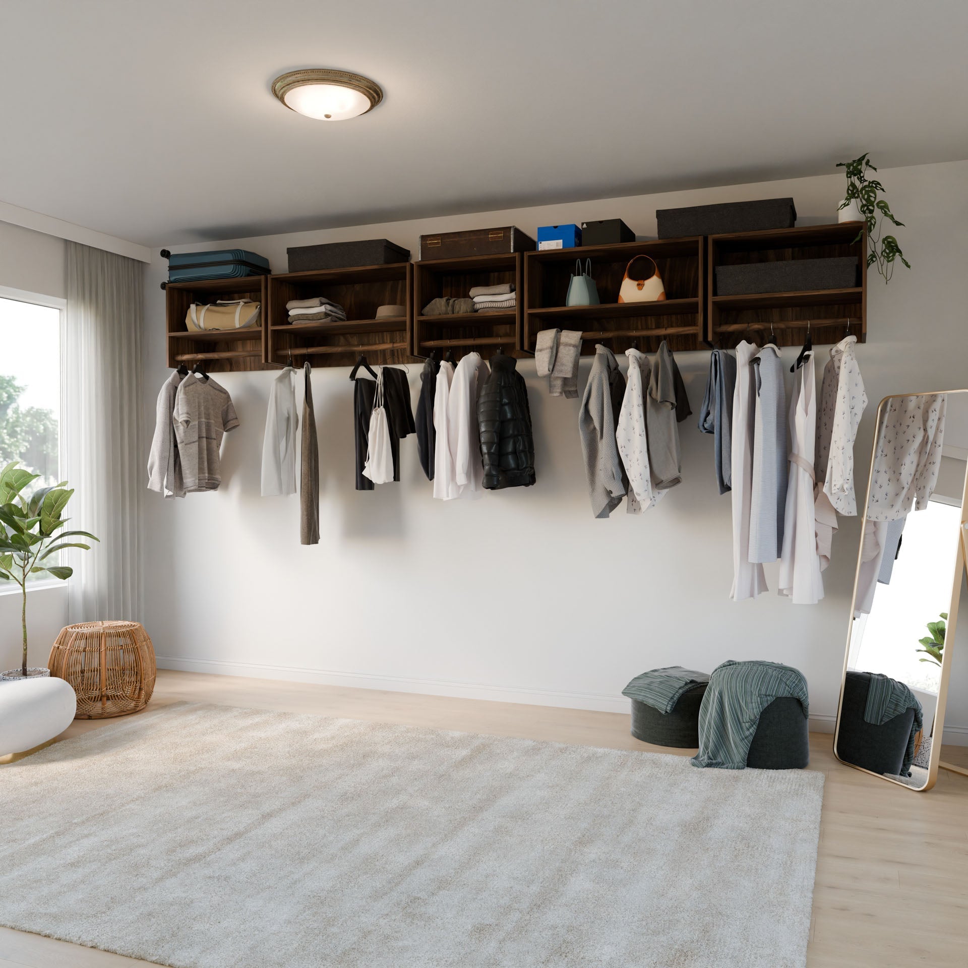 A modern closet organized with the Maine Made Closet Hanger with Shelf by Krovel Furniture Co., premium plywood shelves and cubbies, hanging clothes, storage boxes, a floor mirror, greenery, a soft rug, and sunlight from a large window.