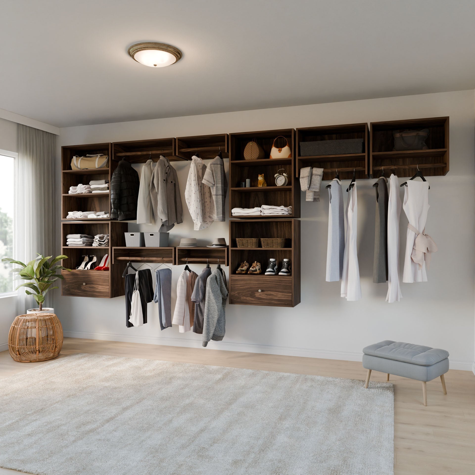 A modern closet displays clothes, bags, shoes, and boxes on Maine Made Closet Hanger with Shelf by Krovel Furniture Co., featuring premium cabinet plywood. The bright room also has a potted plant, small stool, and a large rug.