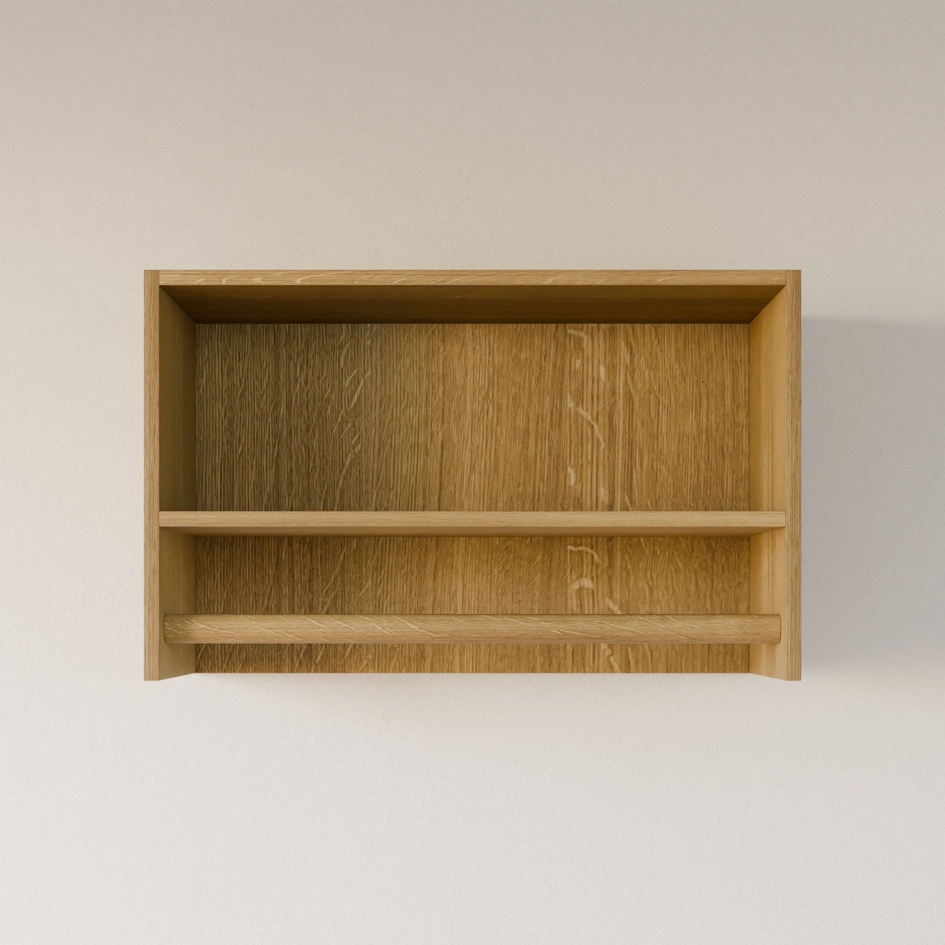 The Krovel Furniture Co. Closet Hanger with Shelf in White Oak features a two-tier wall-mounted design crafted from premium plywood with a natural wood finish, ideally suited for customizable closets, shown empty against a plain light-colored wall.
