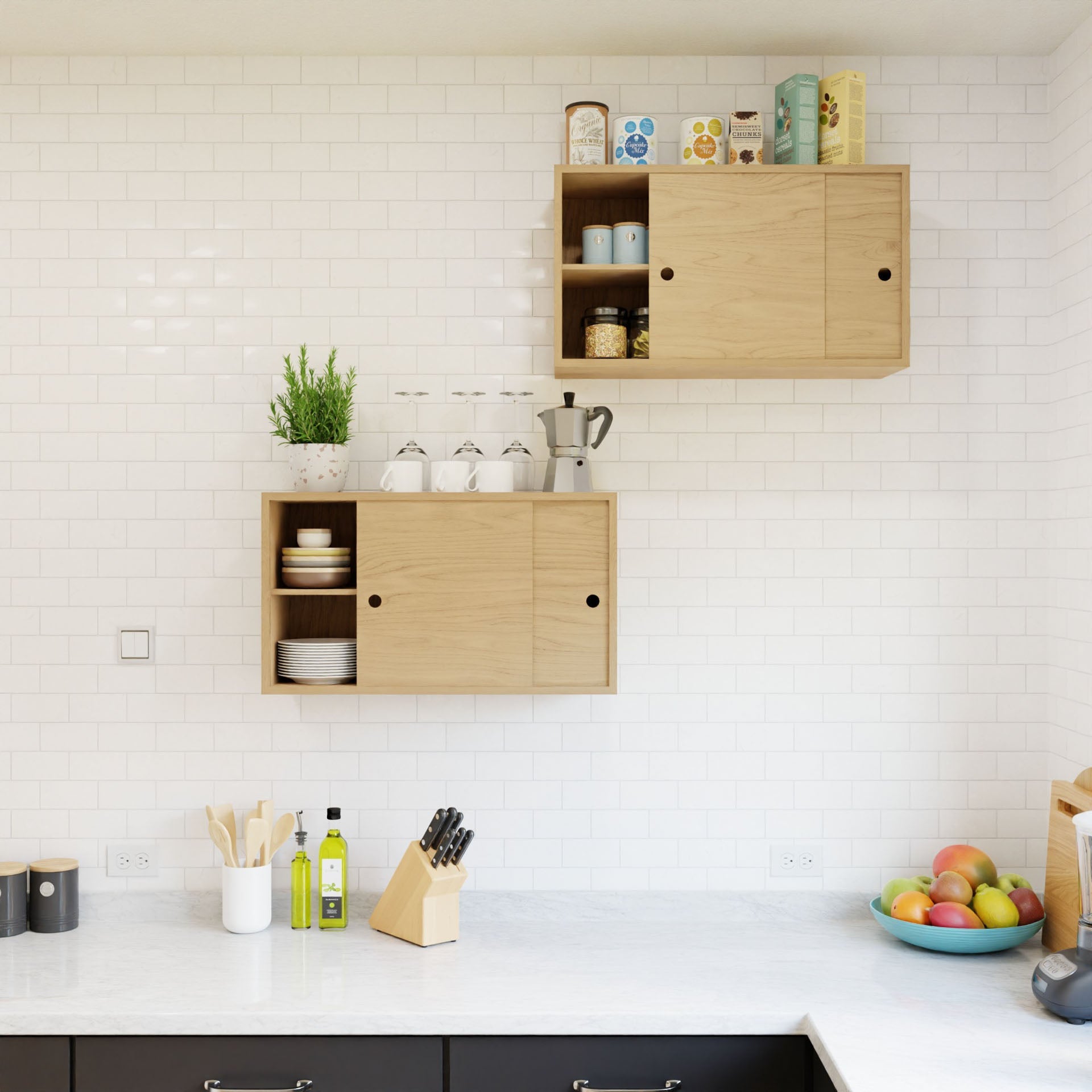 A minimalist kitchen showcases a white tiled backsplash and a Krovel Cupboard with Shelf in Maple. The countertop features a knife block, utensils, olive oil, fruit bowl, and blender. Walnut cabinets harmoniously display mugs, glasses, plants, and more.