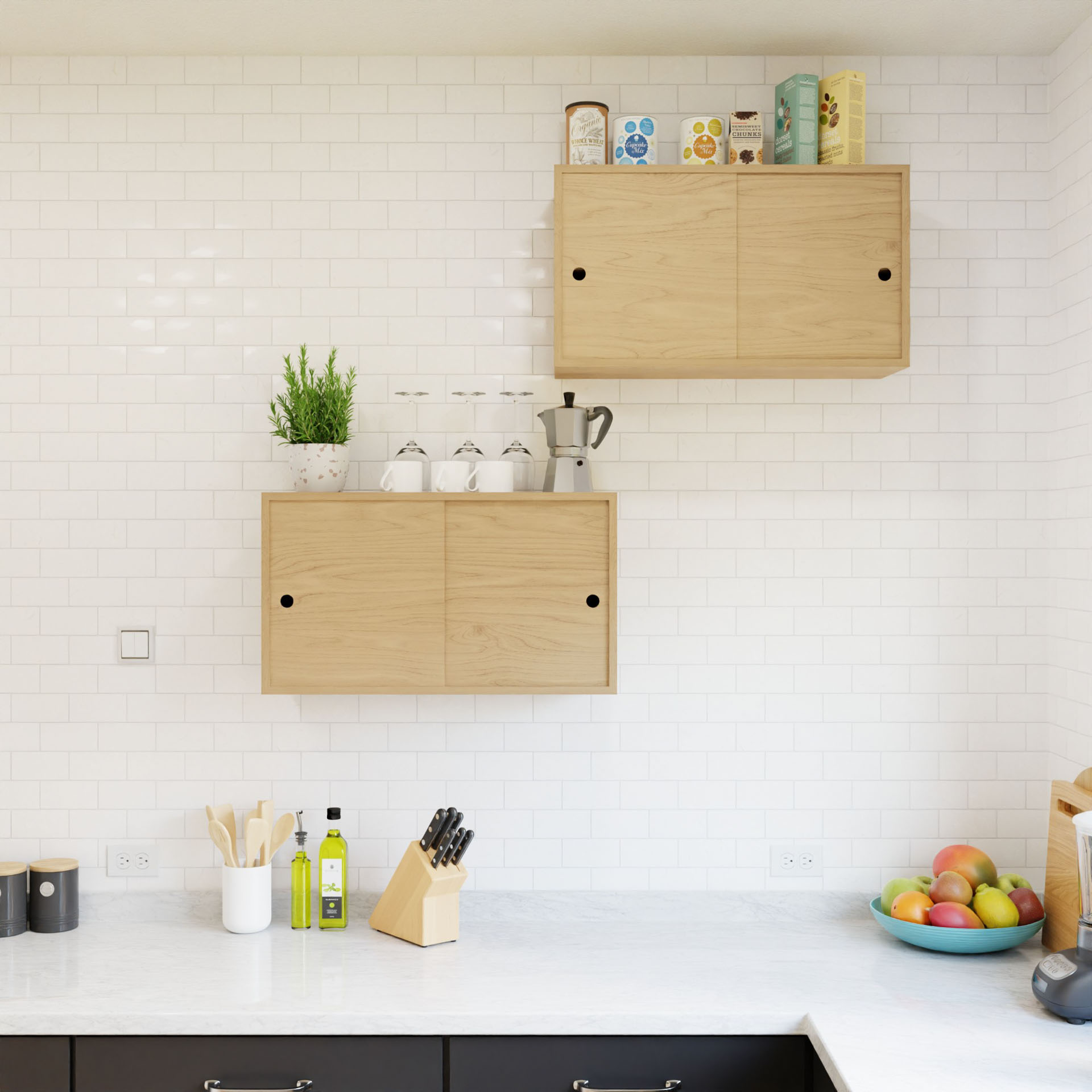 A modern kitchen showcases Krovel's Cupboard with Shelf in Maple against white tiled walls. A knife block, olive oil, and fruit bowl sit on the countertop. Floating storage highlights a potted plant, glasses, a coffee pot, and cereal boxes, creating a bright and clean atmosphere.