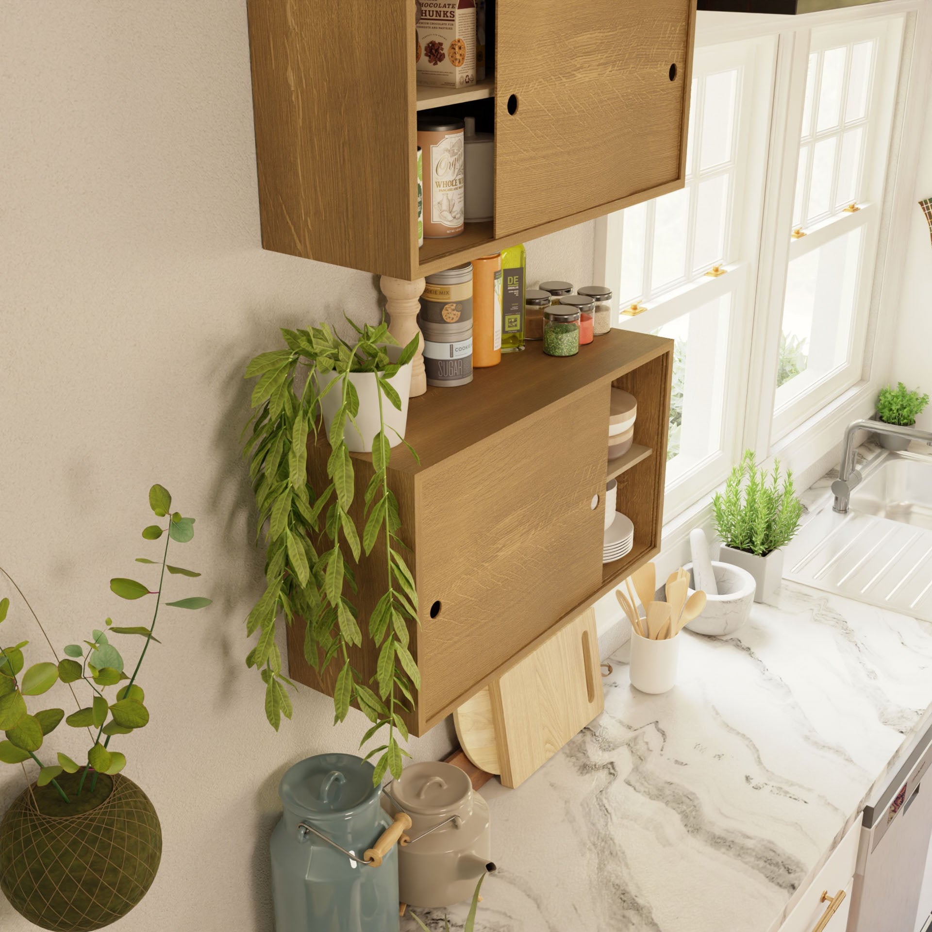 The kitchen features a Krovel Cupboard with Shelf in White Oak, alongside potted plants and various jars and cans. The white marble countertop is adorned with a few utensils, cutting boards, and blue containers. Sunlight streams through a window above a stainless steel sink, enhancing the handmade charm of this space.