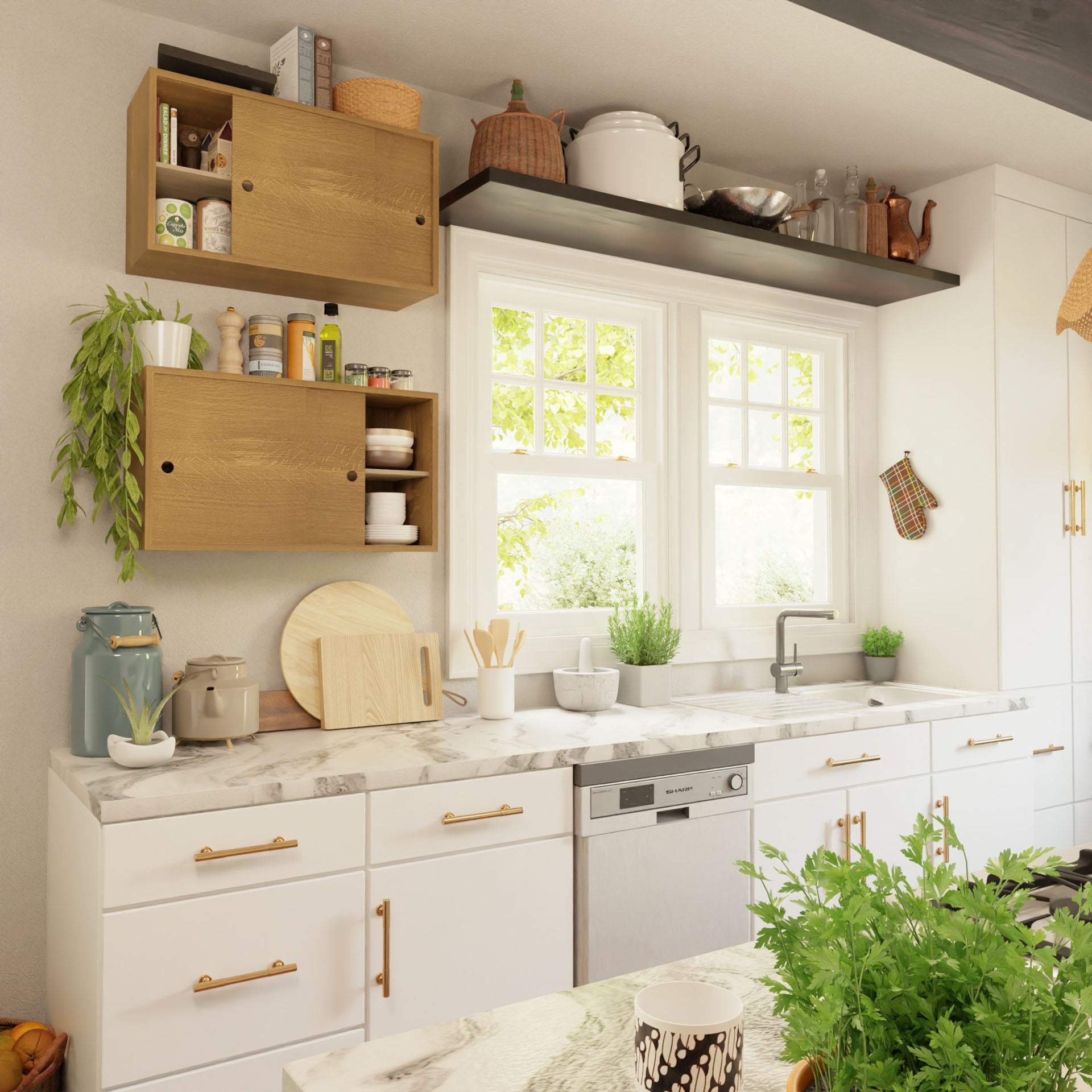 A bright kitchen features the Krovel Cupboard with Shelf in White Oak, marble countertops, and white cabinets. Kitchenware sits on wooden shelves, while green plants by the sink bask in sunlight from the window.